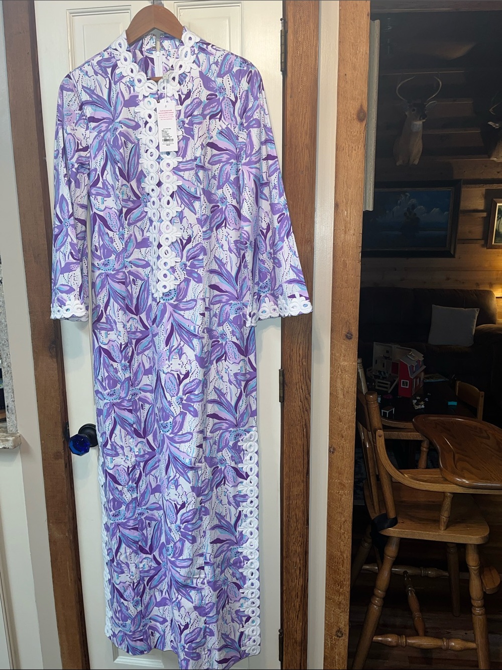LillyPulitzee purple  Floral Shealyn maxi Dress with White Crochet Trim